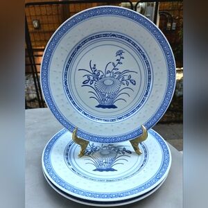 Set Of 3 Vintage Rice And Flower Pattern Blue And White Dinner Plates